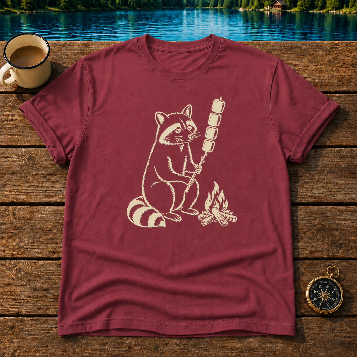 Raccoon Campfire T-Shirt — Marshmallow Roasting Graphic Tee
