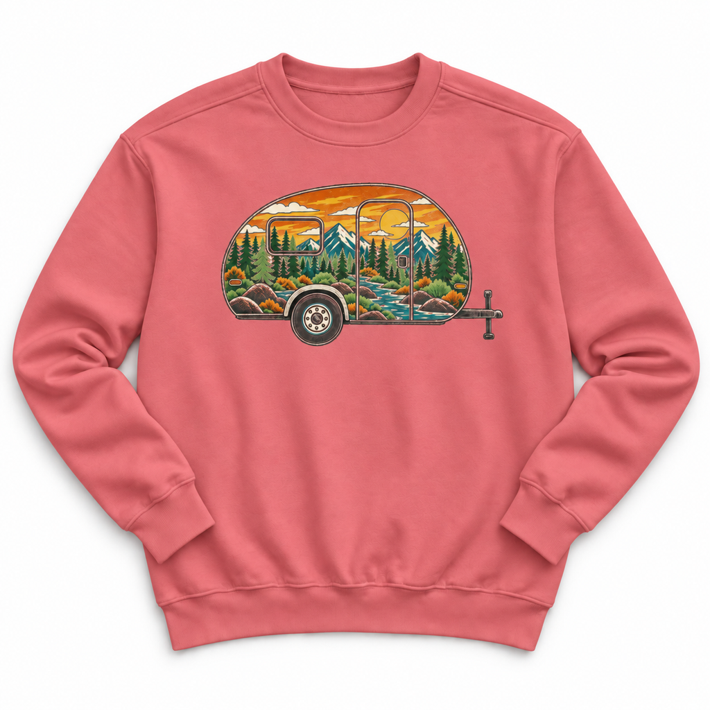 Camper Trailer Crewneck Sweatshirt — Vintage Sunset Mountain RV Camping Design