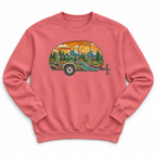 Camper Trailer Crewneck Sweatshirt — Vintage Sunset Mountain RV Camping Design