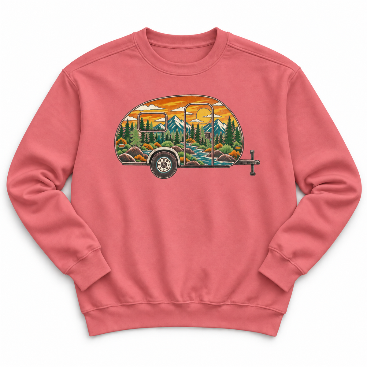 Camper Trailer Crewneck Sweatshirt — Vintage Sunset Mountain RV Camping Design