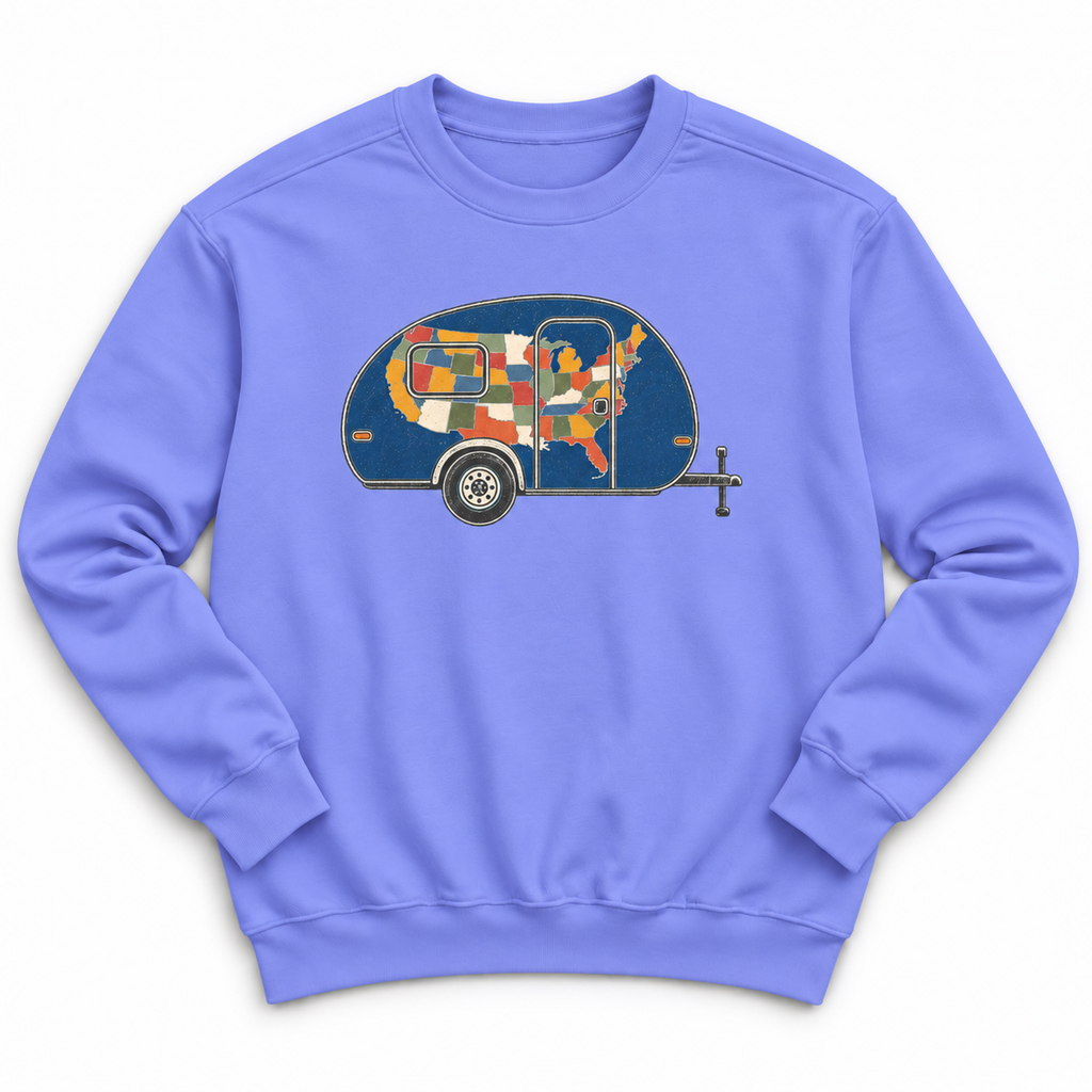 Patchwork Camper Sweatshirt — Retro Travel Trailer Crewneck