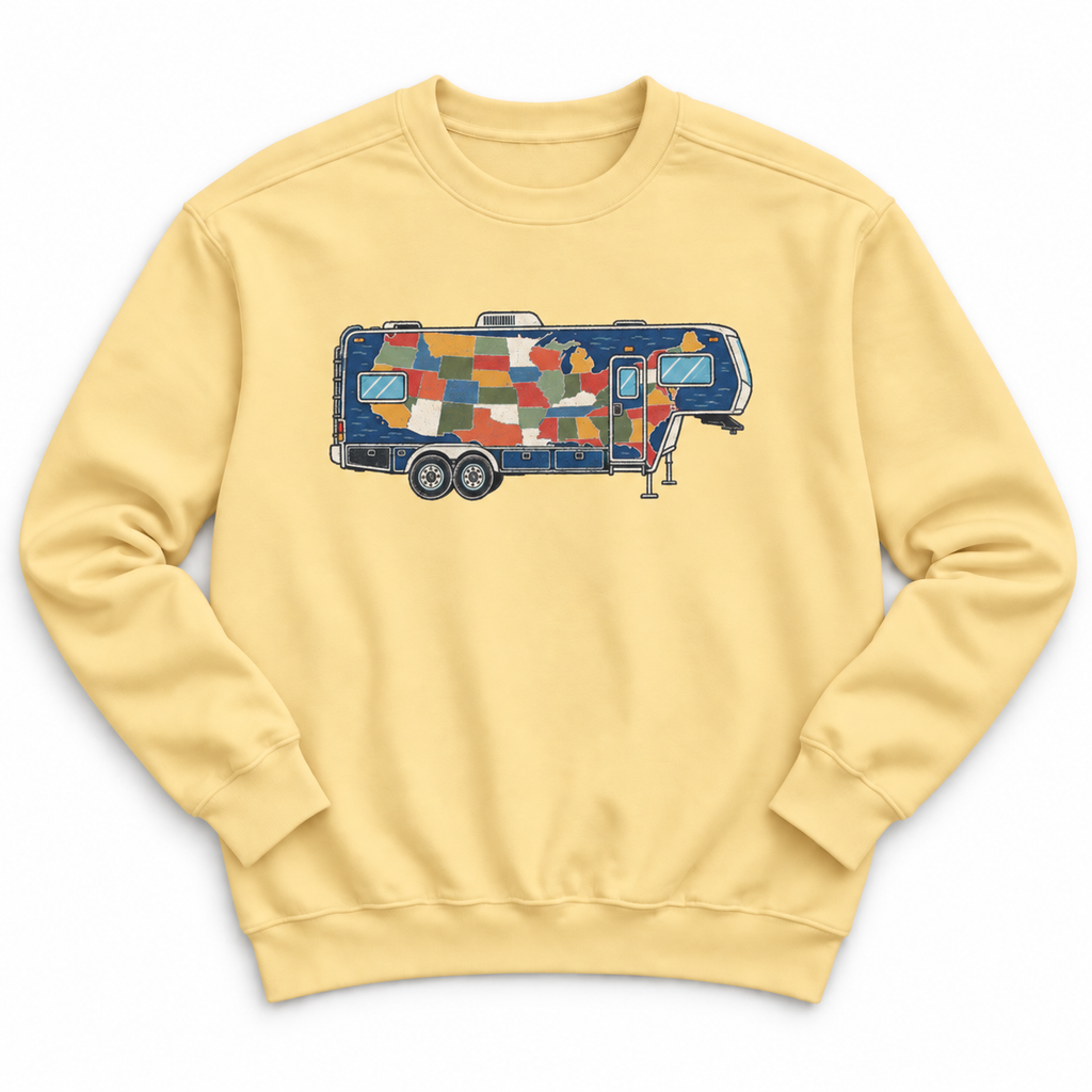 Camper Patchwork Sweatshirt — Retro Airstream Travel Crewneck