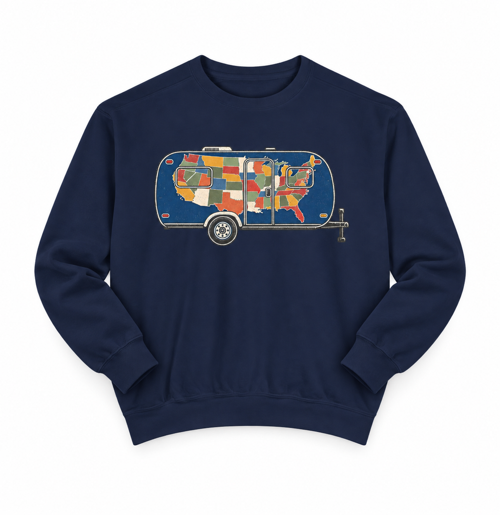 Vintage Camper Sweatshirt — USA Map Trailer Graphic