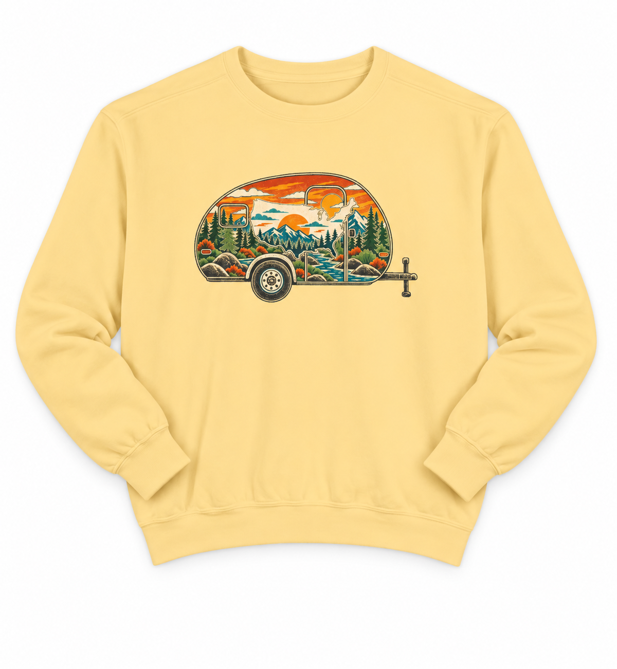 Camper Sunset Sweatshirt — Retro Teardrop Trailer Graphic Pullover