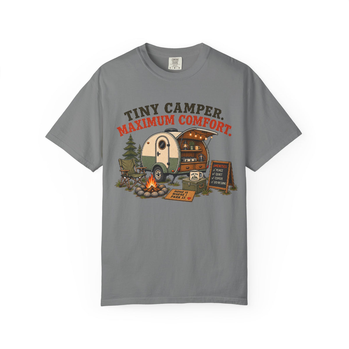 Tiny Camper T-Shirt — “Tiny Camper, Maximum Comfort” Retro Camping Tee