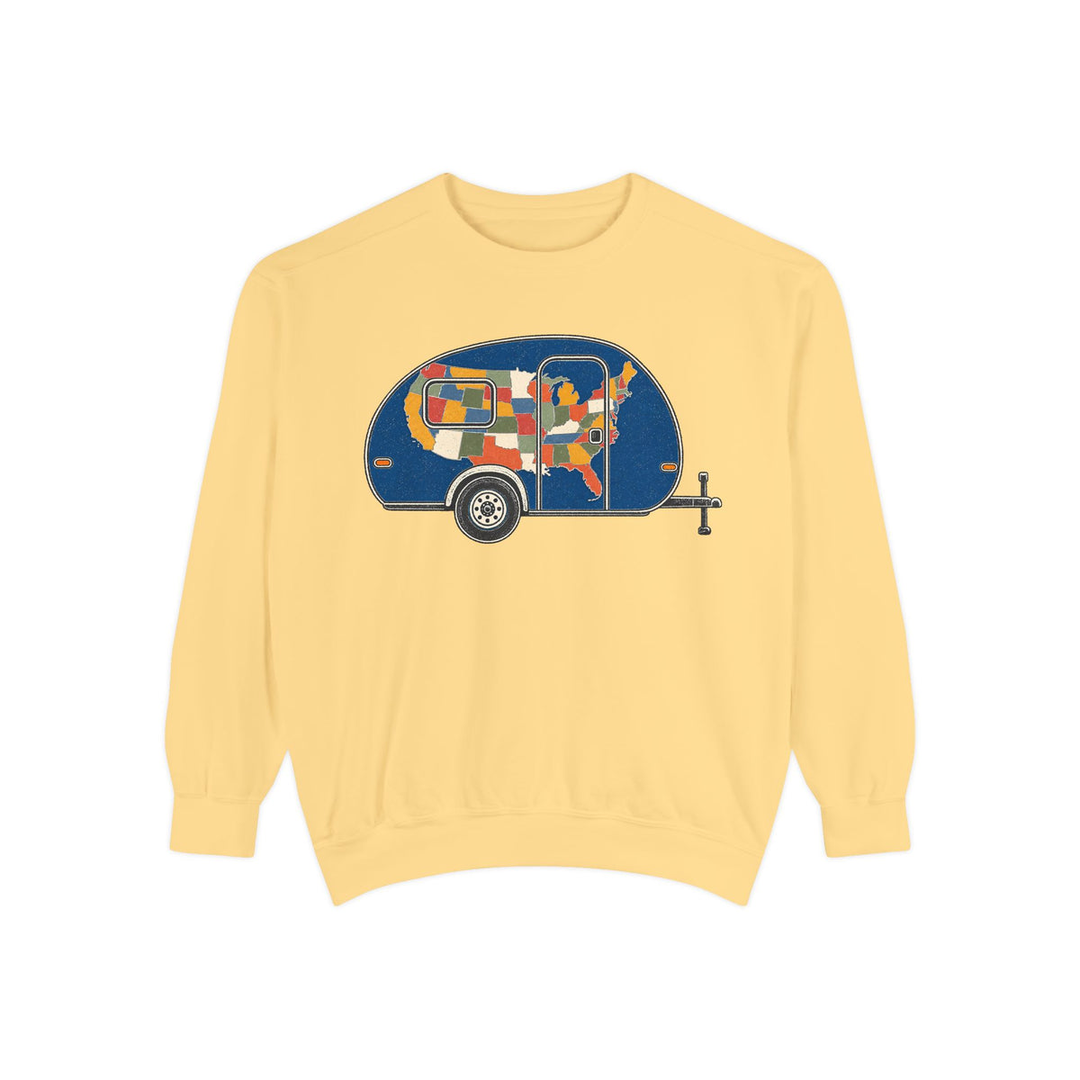 Patchwork Camper Sweatshirt — Retro Travel Trailer Crewneck