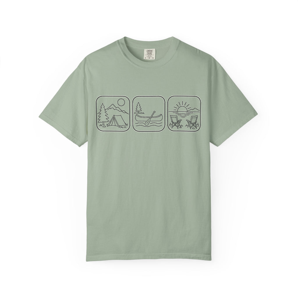 Adventure Icons T-Shirt — Camping, Surfing & Sunset Graphic Tee