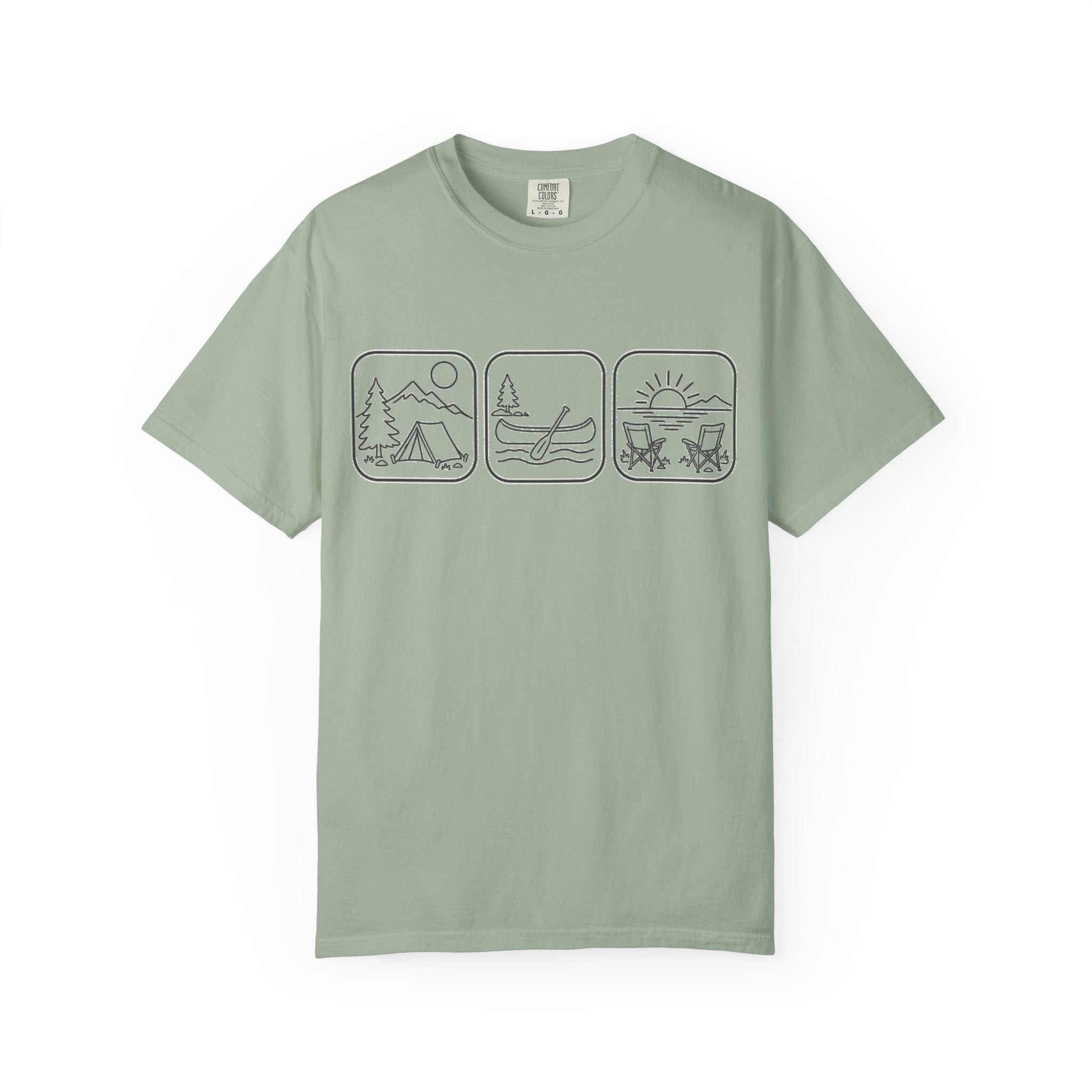 Adventure Icons T-Shirt — Camping, Surfing & Sunset Graphic Tee