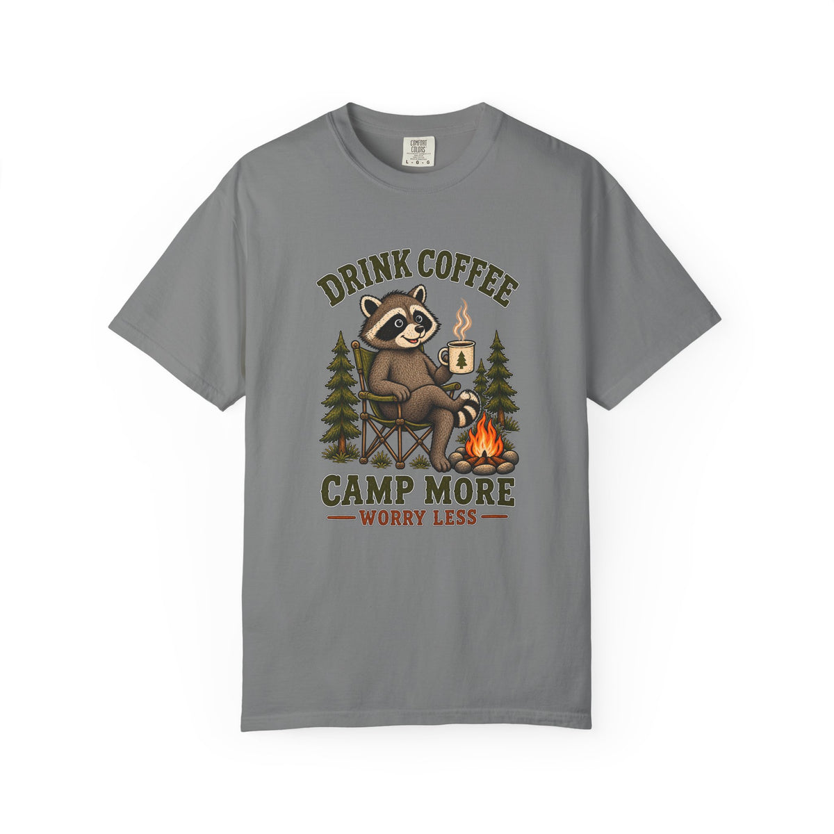 Drink Coffee, Camp More T-Shirt — Cute Raccoon Campfire Graphic