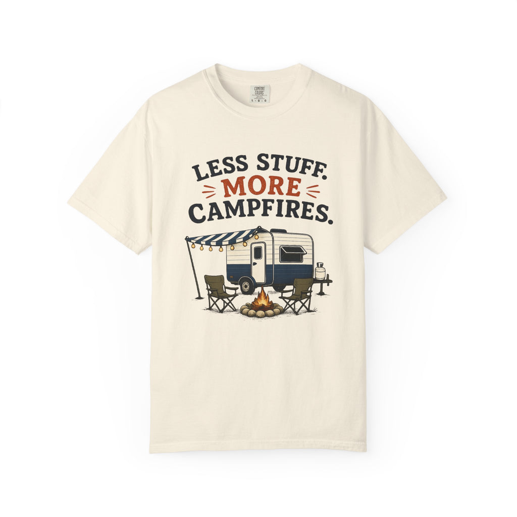 Camping T-Shirt — "Less Stuff, More Campfires" RV & Campfire Graphic Tee