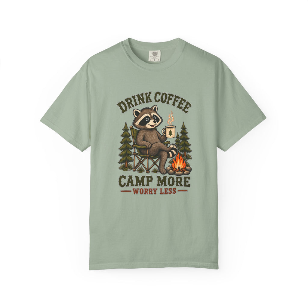Drink Coffee, Camp More T-Shirt — Cute Raccoon Campfire Graphic