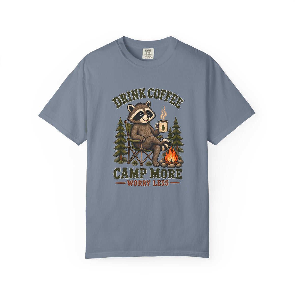 Drink Coffee, Camp More T-Shirt — Cute Raccoon Campfire Graphic