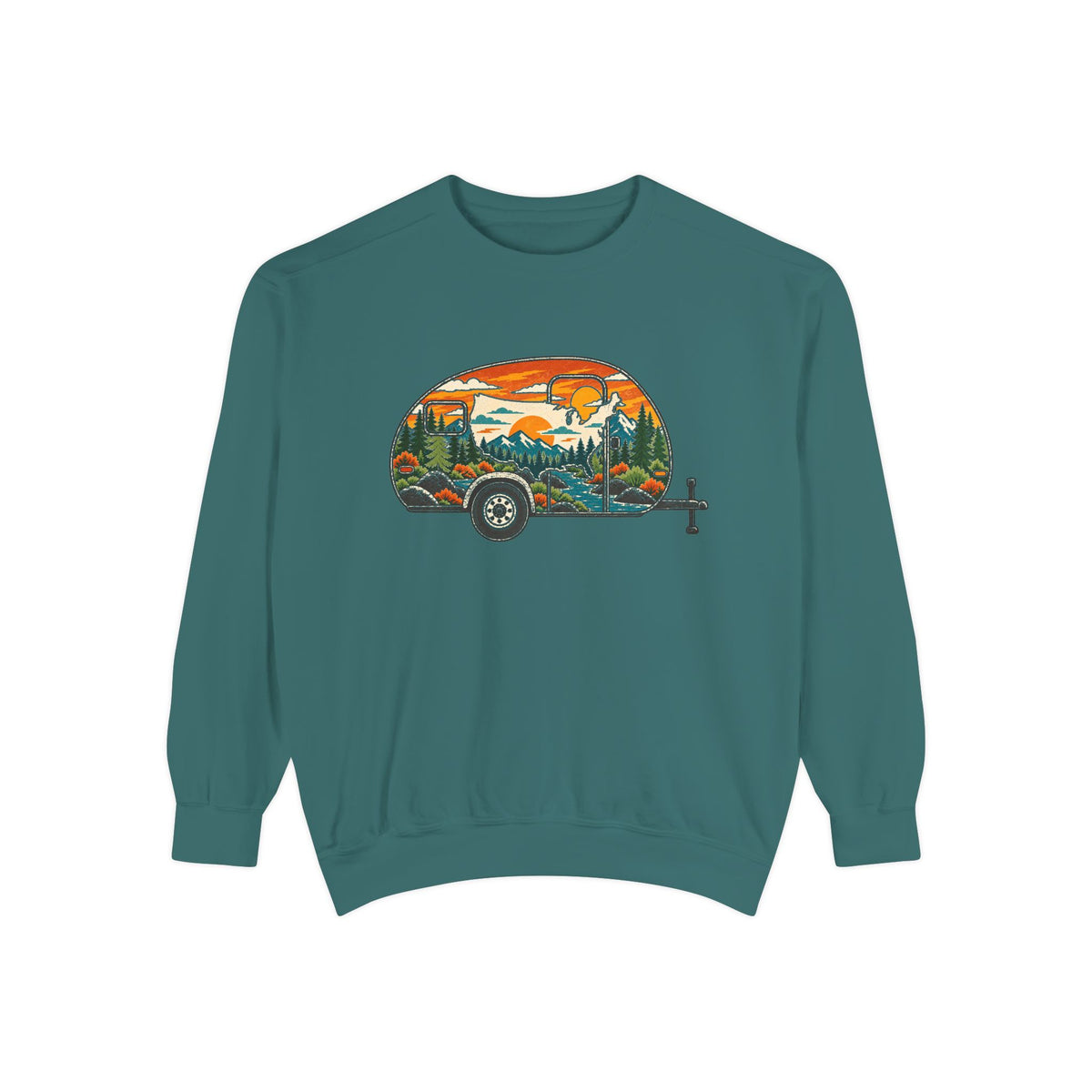 Camper Sunset Sweatshirt — Retro Teardrop Trailer Graphic Pullover
