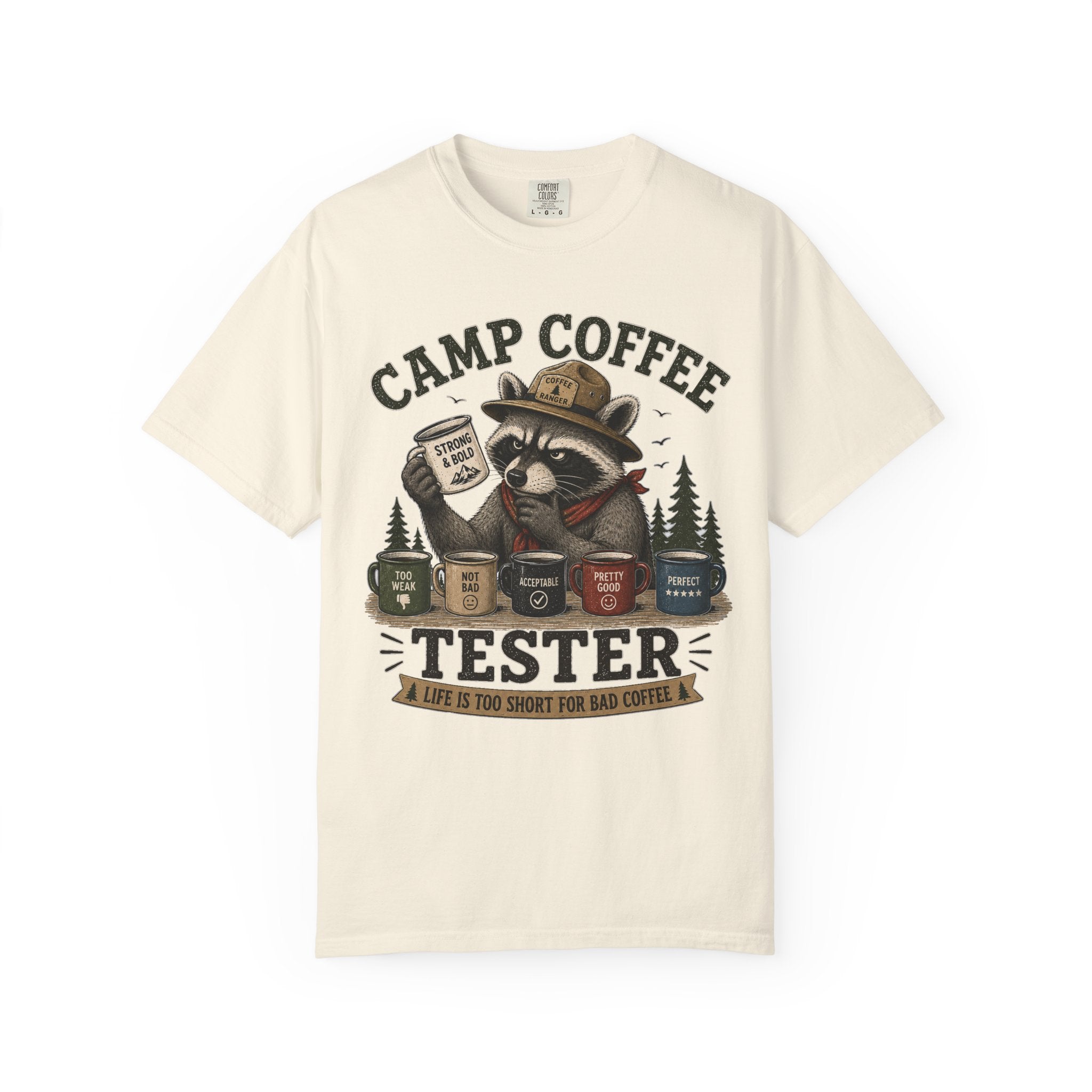 Camp Coffee Tester T-Shirt — Funny Raccoon Camper Coffee Lover Tee