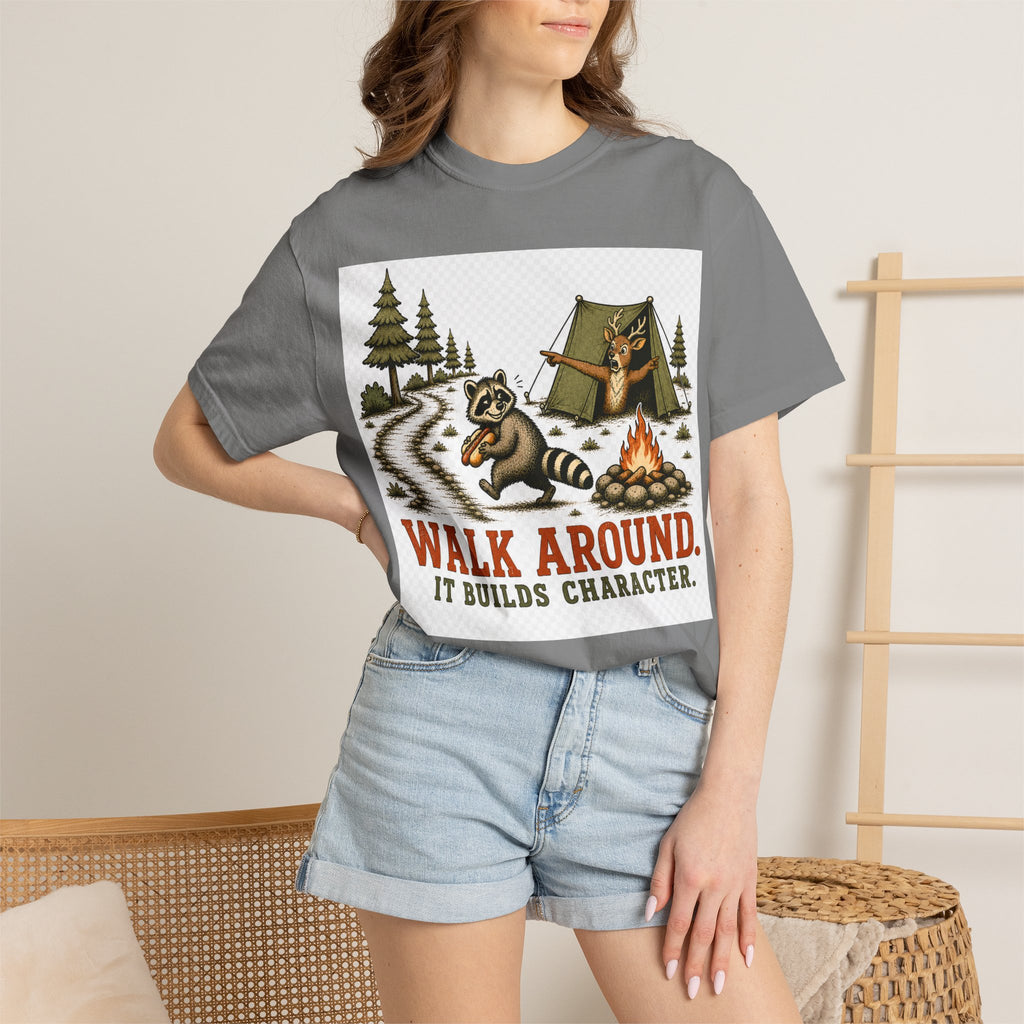 Camping T-Shirt — "Walk Around. It Builds Character." Retro Raccoon Campfire Design