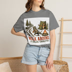 Camping T-Shirt — "Walk Around. It Builds Character." Retro Raccoon Campfire Design