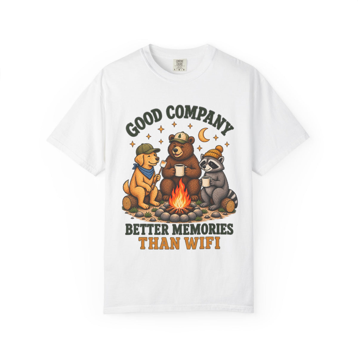 Campfire Friends T-Shirt — "Good Company, Better Memories Than WiFi"