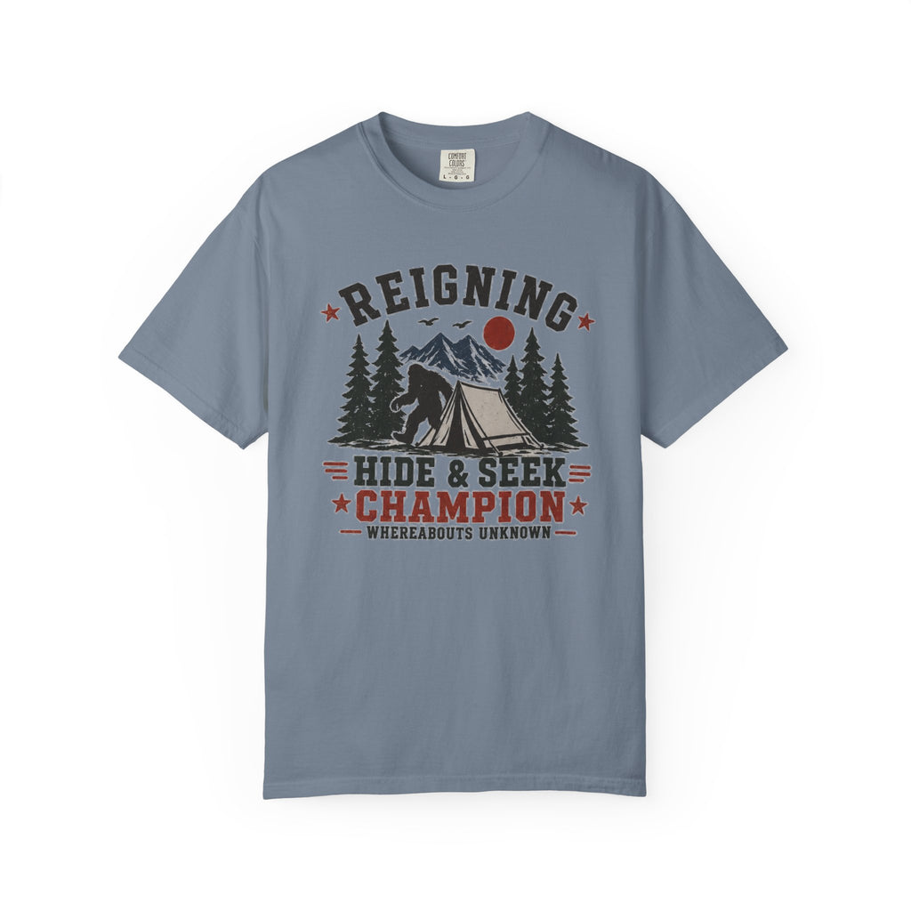 Hide & Seek Champion Camping T-Shirt — Outdoor Tent, Mountains & Trees Design