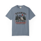 Hide & Seek Champion Camping T-Shirt — Outdoor Tent, Mountains & Trees Design