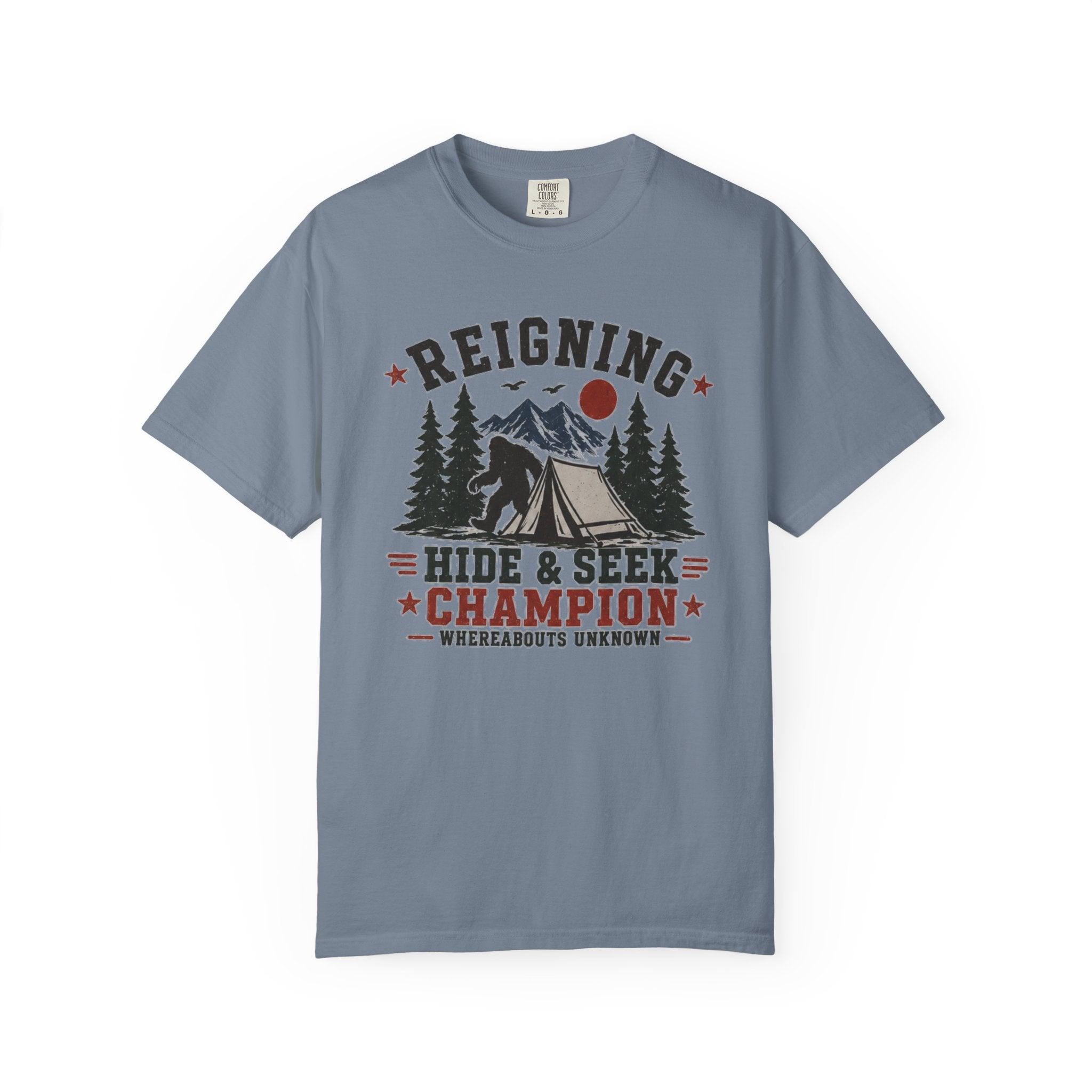 Hide & Seek Champion Camping T-Shirt — Outdoor Tent, Mountains & Trees Design