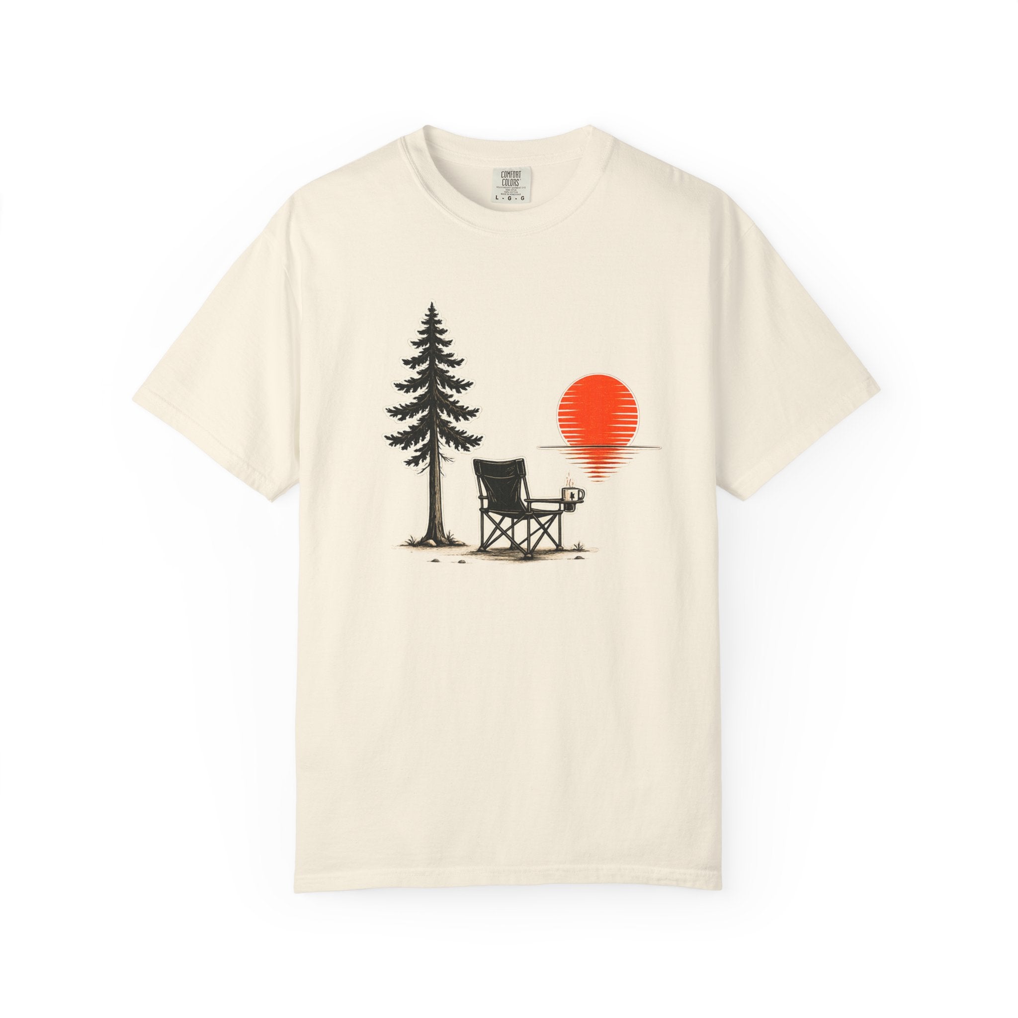 Camping Sunset T-Shirt — Chair & Pine Tree Scenic Tee