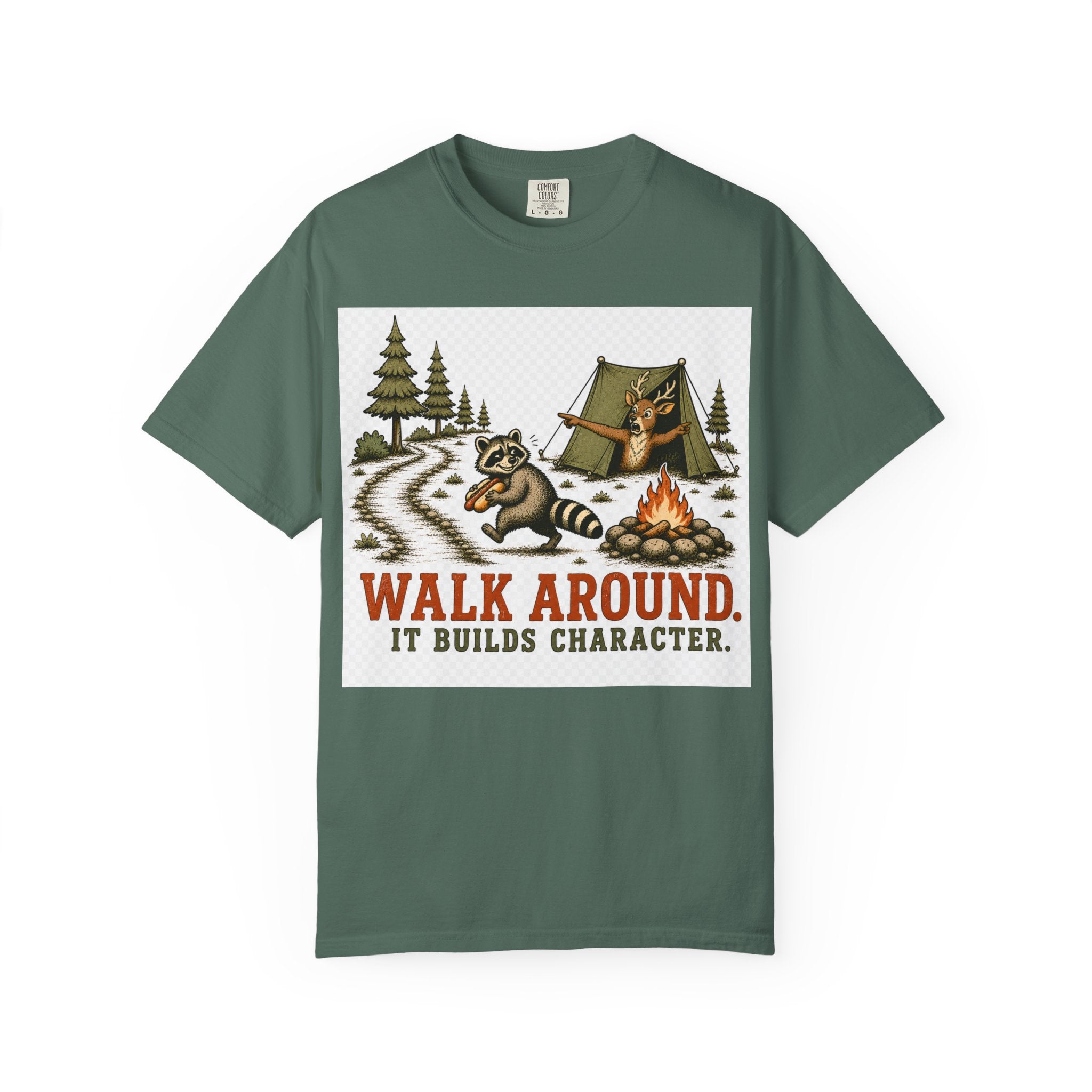 Camping T-Shirt — "Walk Around. It Builds Character." Retro Raccoon Campfire Design