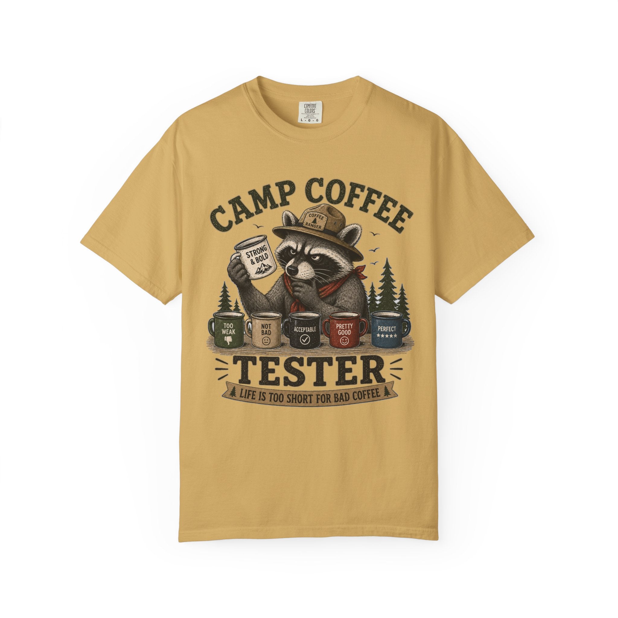 Camp Coffee Tester T-Shirt — Funny Raccoon Camper Coffee Lover Tee
