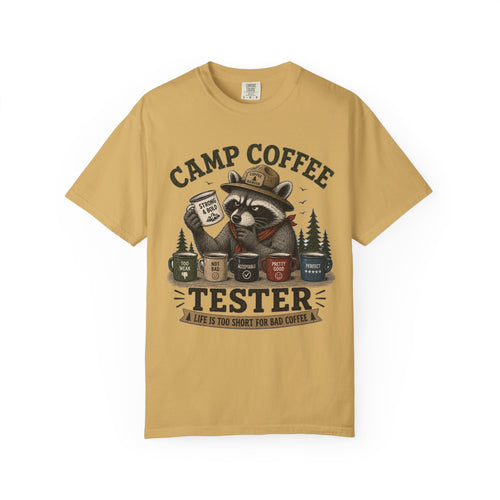Camp Coffee Tester T-Shirt — Funny Raccoon Camper Coffee Lover Tee