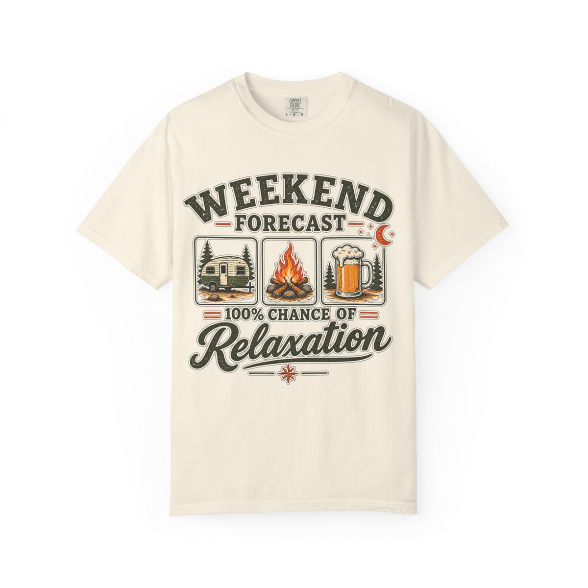 Weekend Forecast T-Shirt — 100% Chance of Relaxation Camping & Beer Graphic Tee