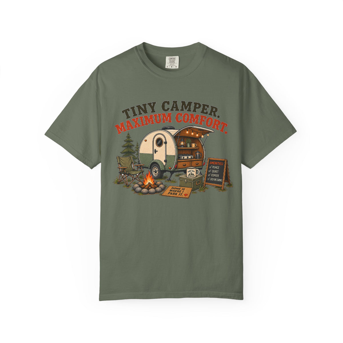 Tiny Camper T-Shirt — “Tiny Camper, Maximum Comfort” Retro Camping Tee