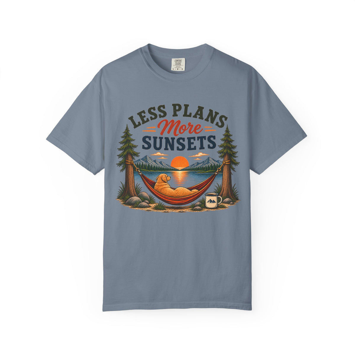Less Plans More Sunsets T-Shirt — Relaxed Outdoor Camping Tee
