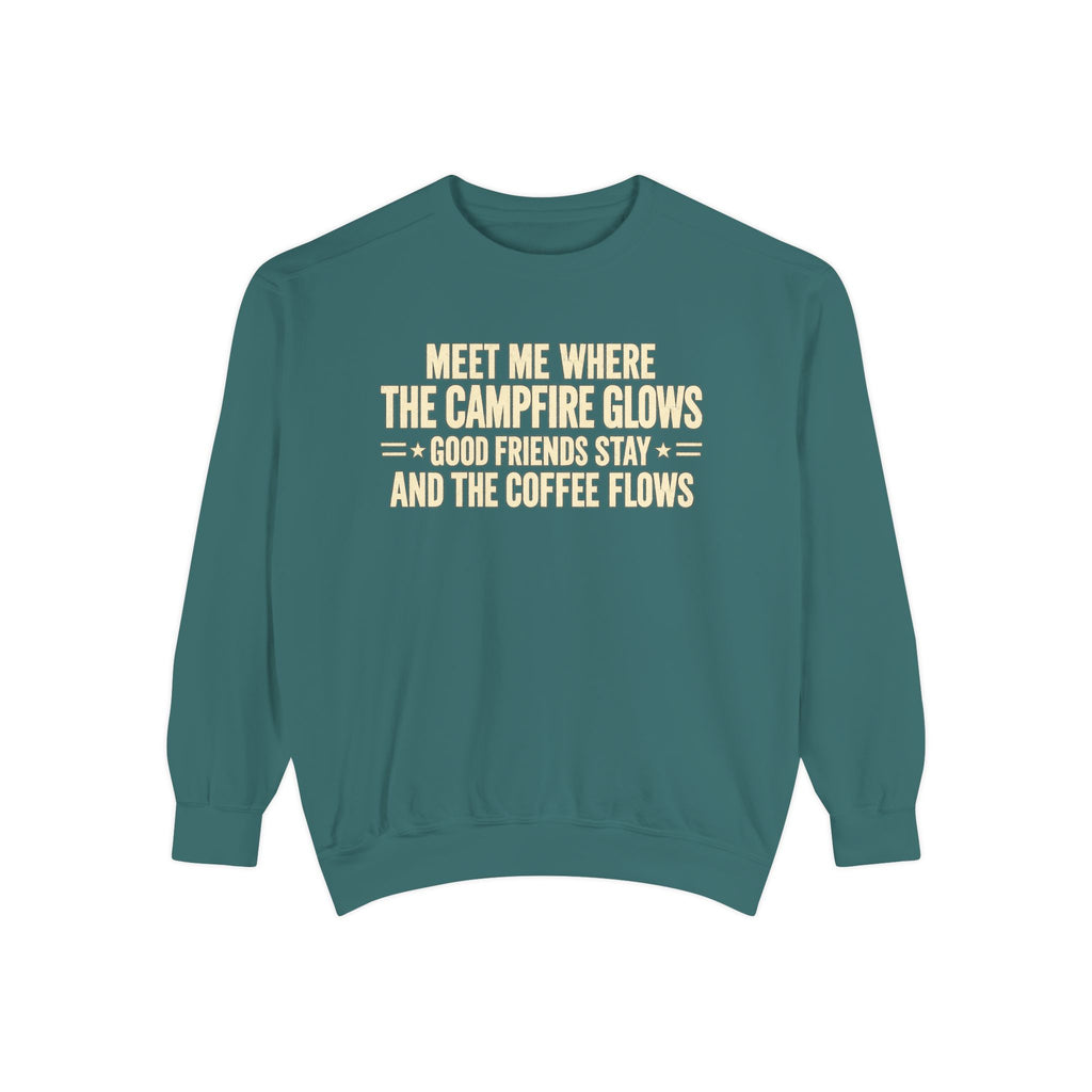 Campfire & Coffee Sweatshirt — "Meet Me Where the Campfire Glows" Cozy Pullover