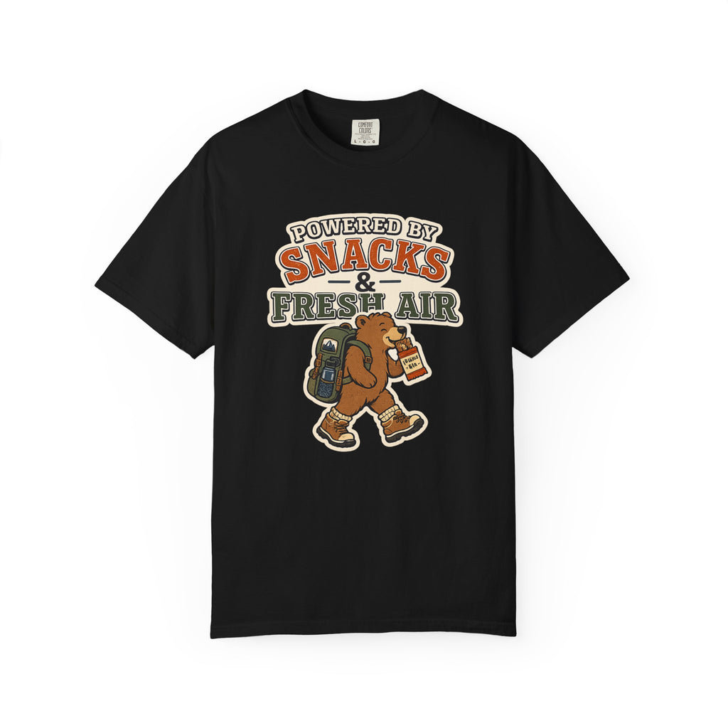T-Shirt — "Powered by Snacks & Fresh Air" Hiking Bear Graphic Tee