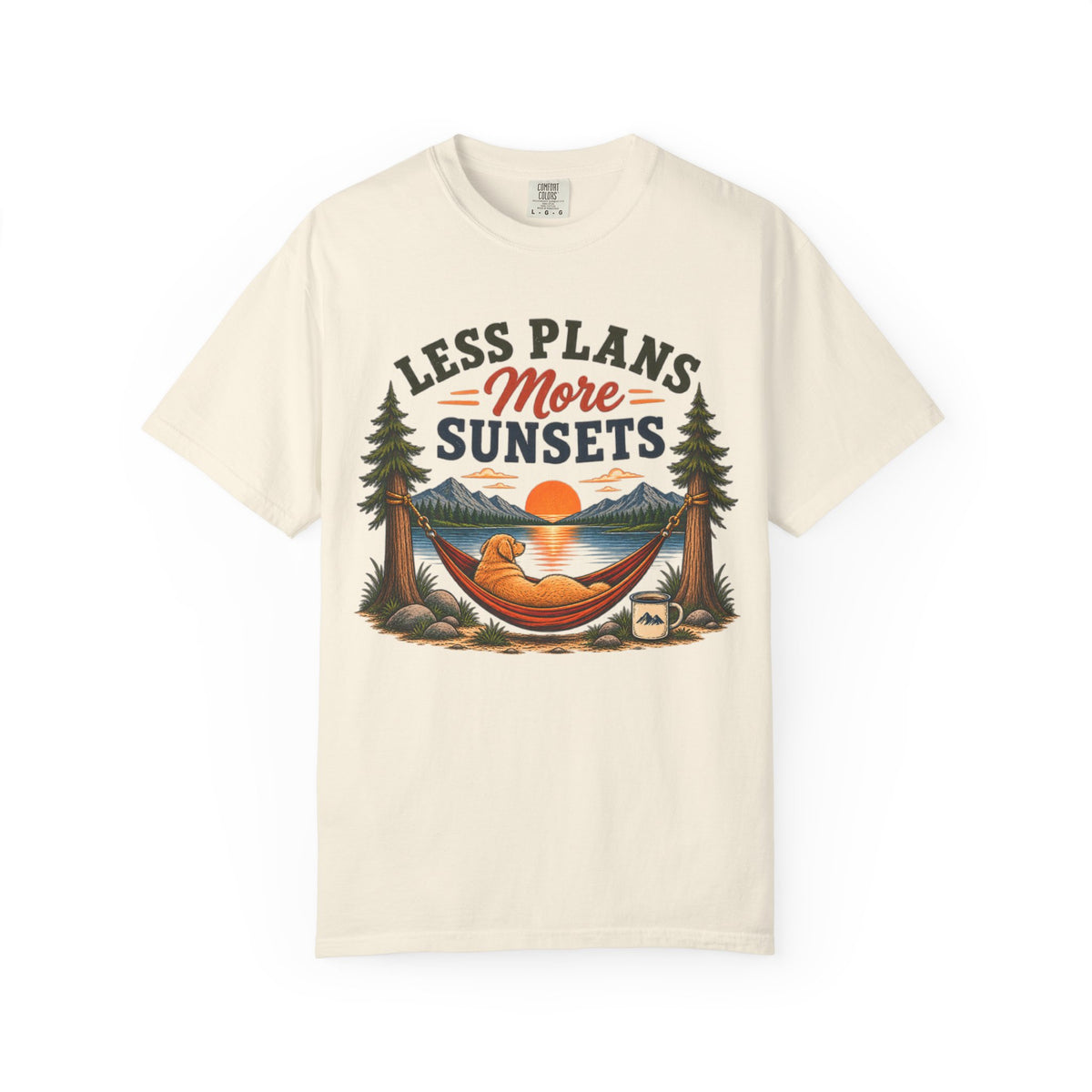 Less Plans More Sunsets T-Shirt — Relaxed Outdoor Camping Tee