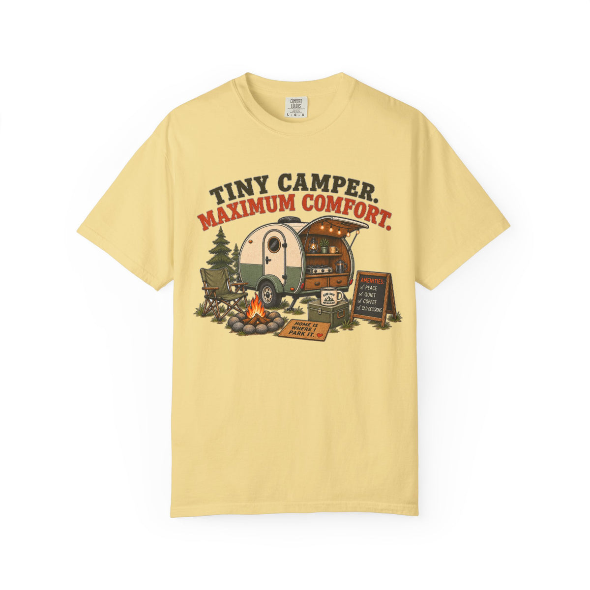 Tiny Camper T-Shirt — “Tiny Camper, Maximum Comfort” Retro Camping Tee