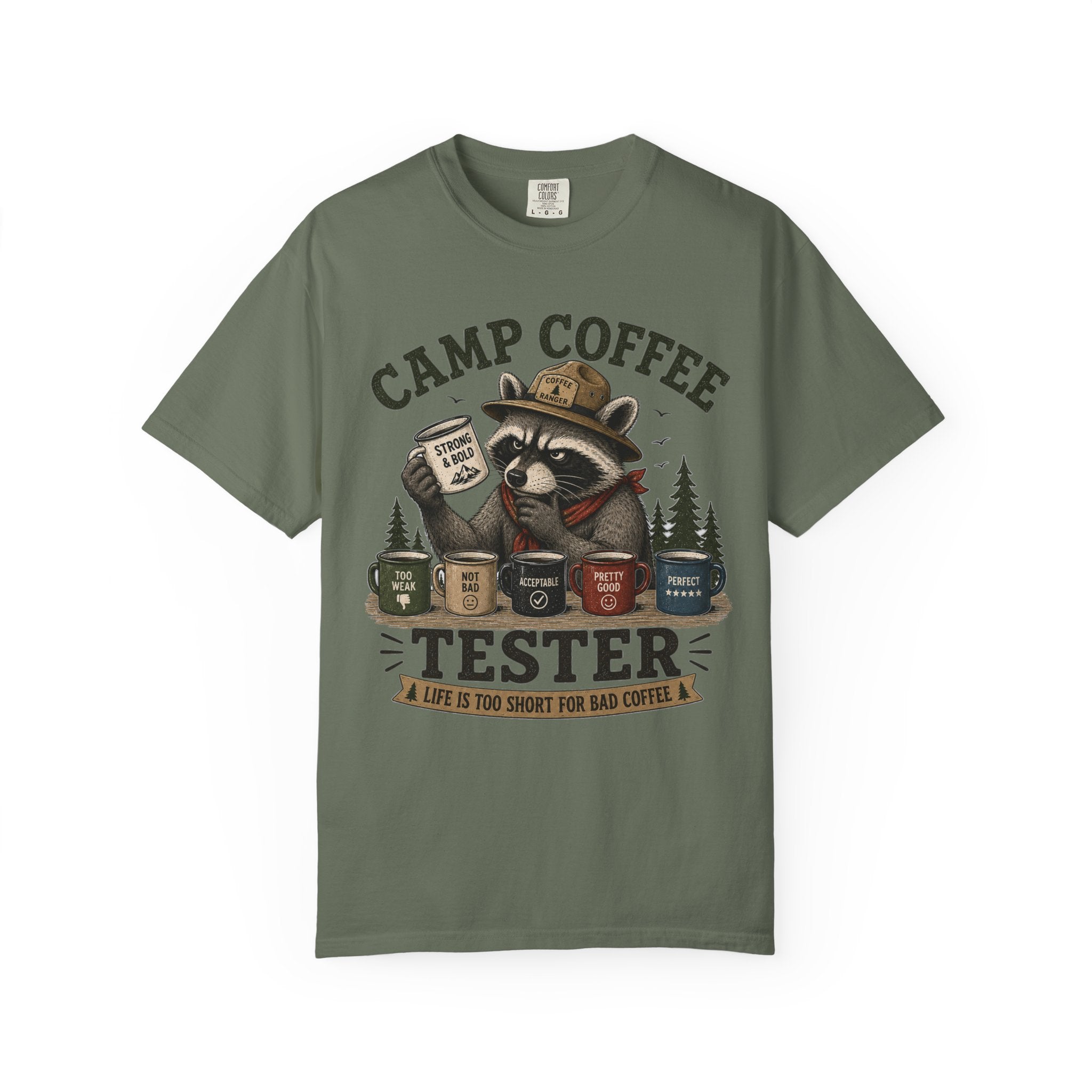 Camp Coffee Tester T-Shirt — Funny Raccoon Camper Coffee Lover Tee