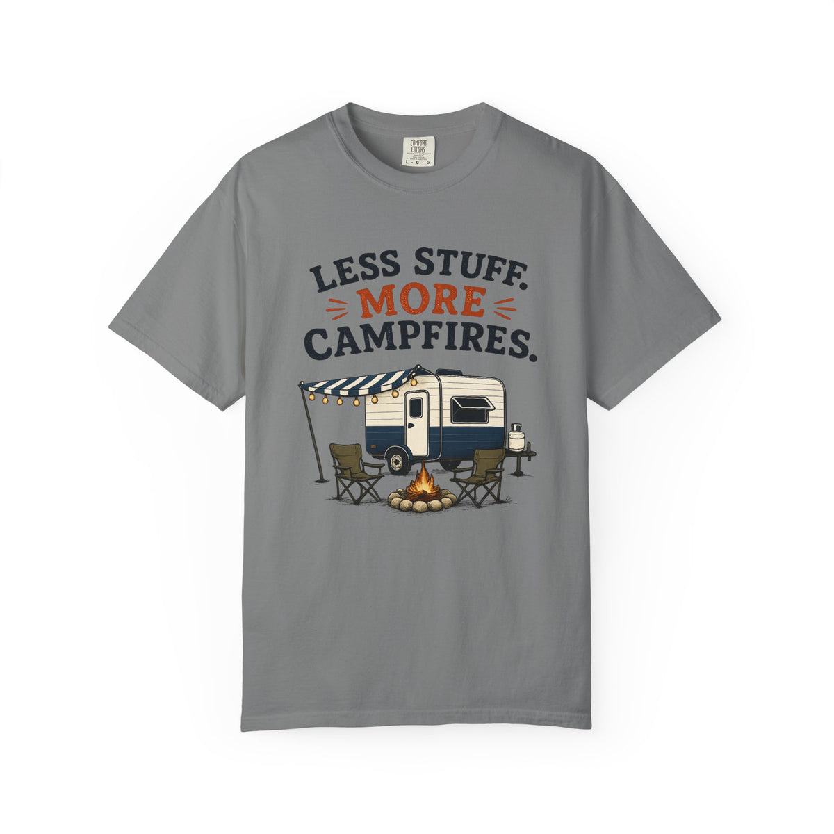 Camping T-Shirt — "Less Stuff, More Campfires" RV & Campfire Graphic Tee