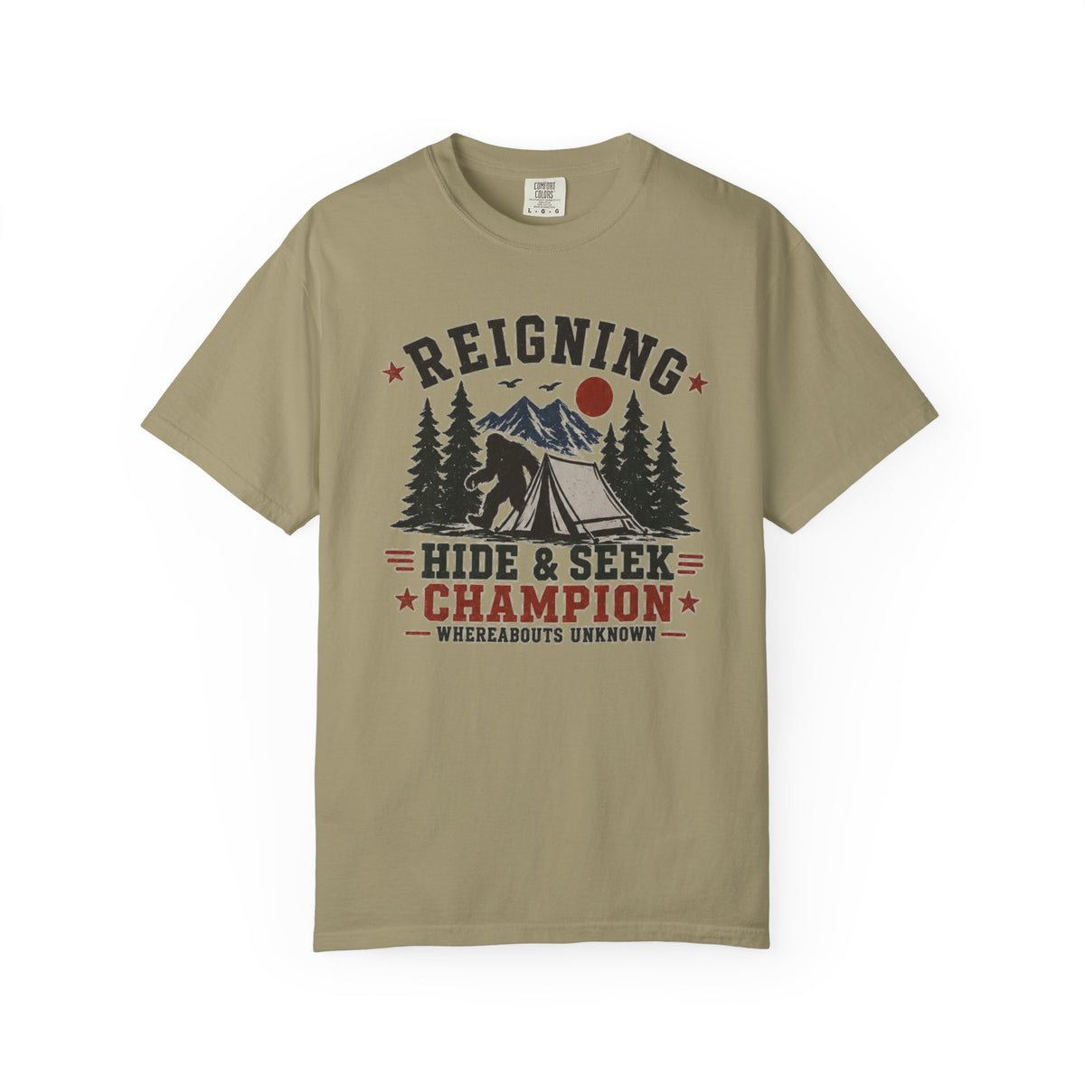 Hide & Seek Champion Camping T-Shirt — Outdoor Tent, Mountains & Trees Design