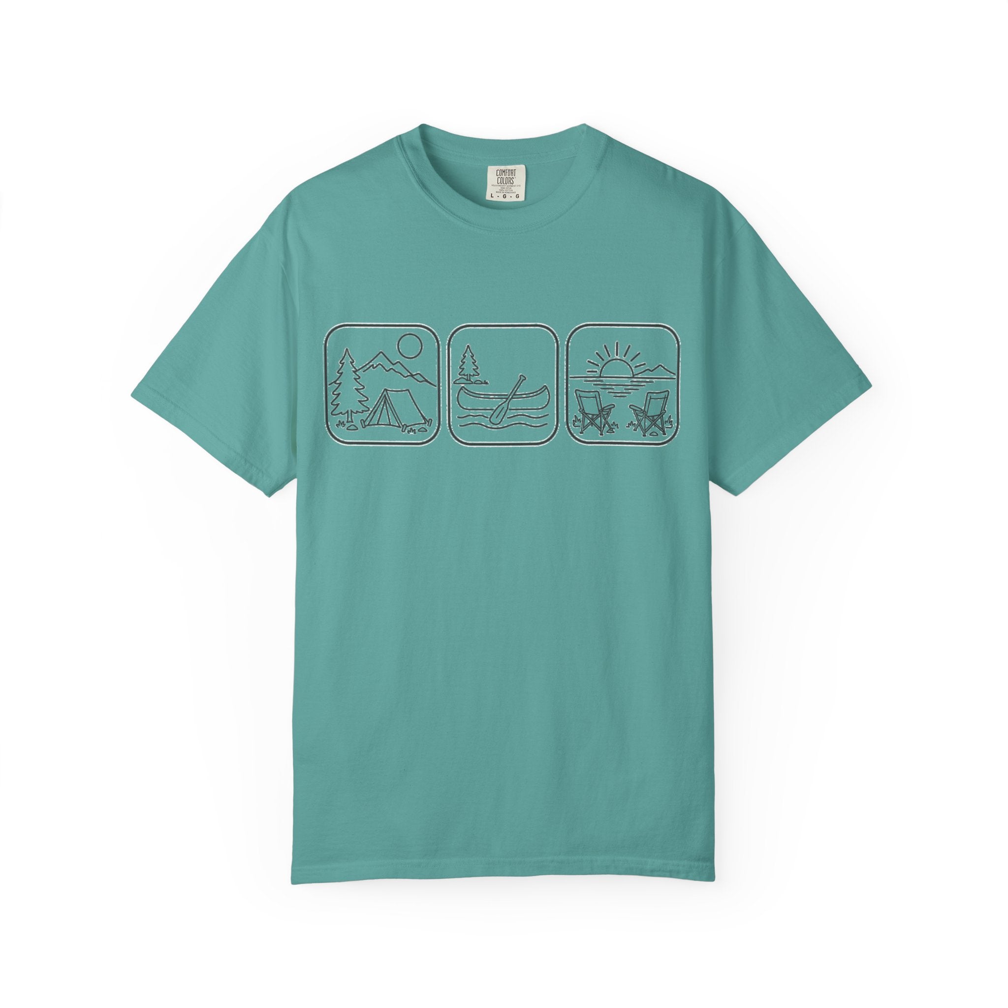 Adventure Icons T-Shirt — Camping, Surfing & Sunset Graphic Tee