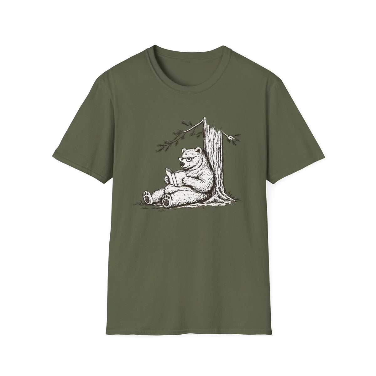 Bear Reading T-Shirt — Vintage Sketch Bear Under Tree Graphic Tee