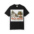 Camping T-Shirt — "Walk Around. It Builds Character." Retro Raccoon Campfire Design
