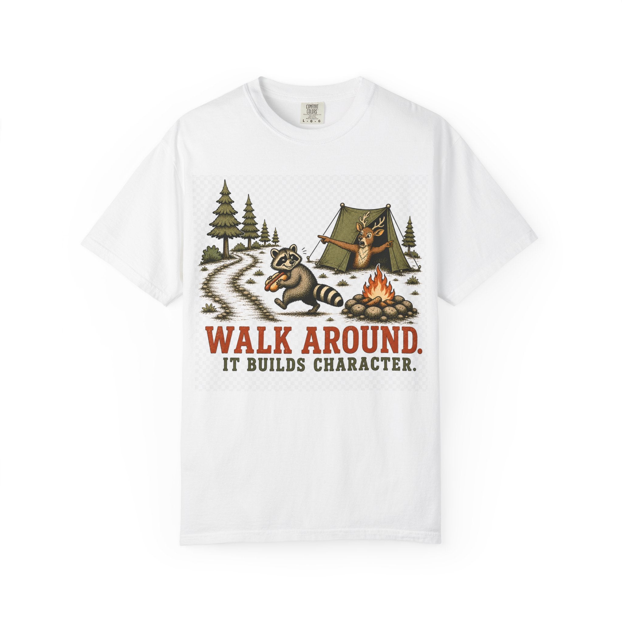 Camping T-Shirt — "Walk Around. It Builds Character." Retro Raccoon Campfire Design