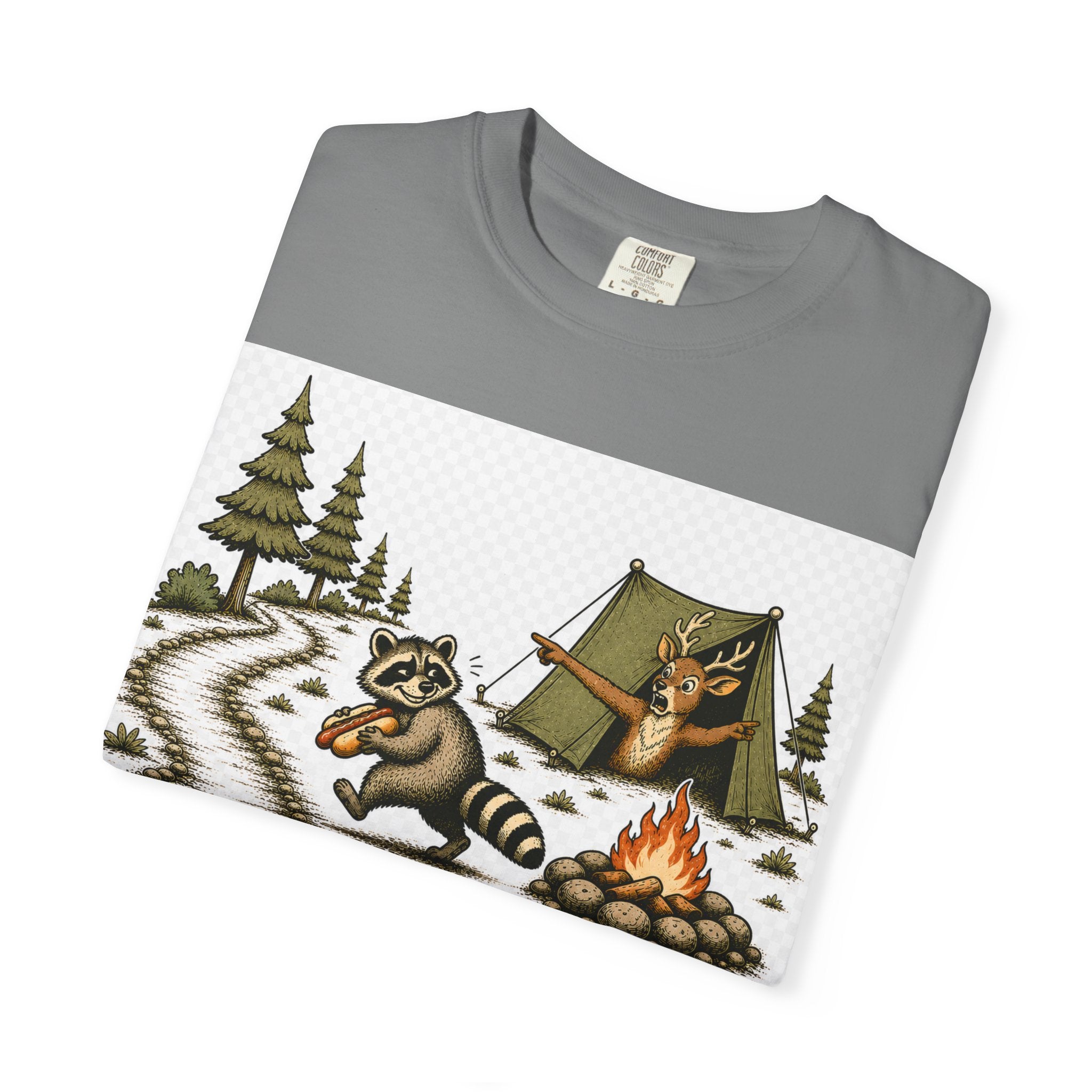 Camping T-Shirt — "Walk Around. It Builds Character." Retro Raccoon Campfire Design