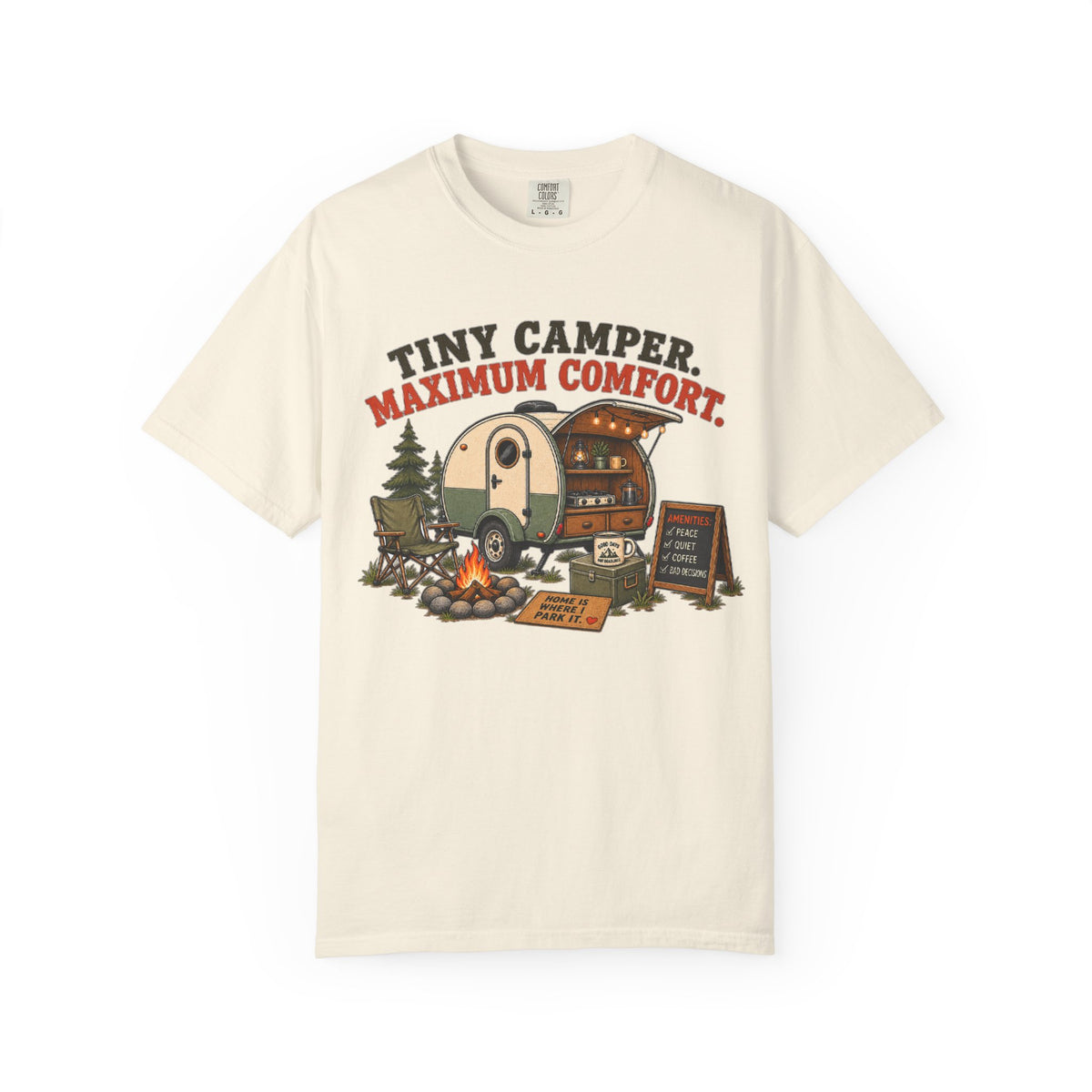 Tiny Camper T-Shirt — “Tiny Camper, Maximum Comfort” Retro Camping Tee