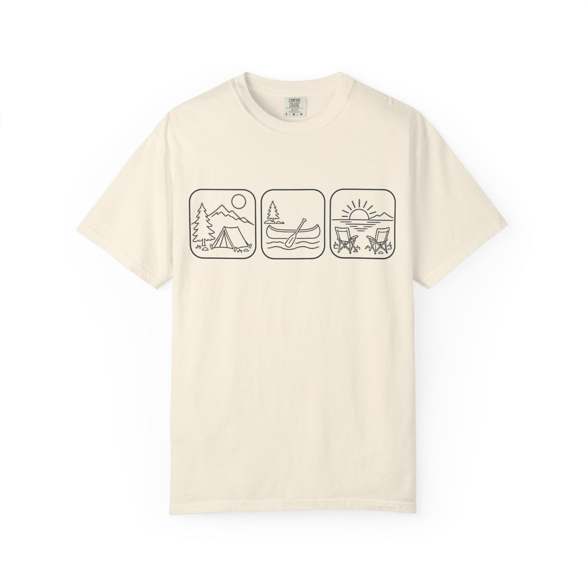 Adventure Icons T-Shirt — Camping, Surfing & Sunset Graphic Tee