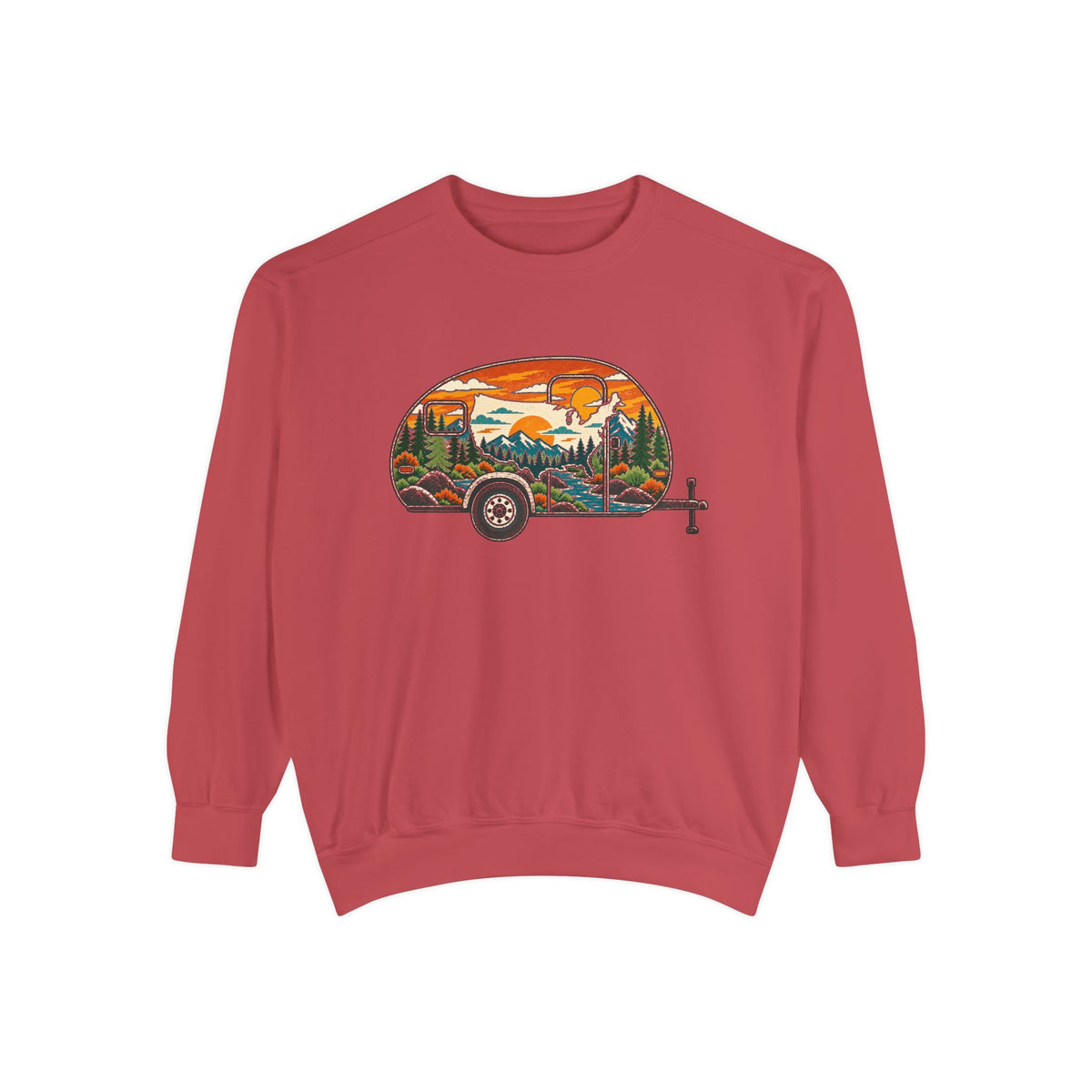 Camper Sunset Sweatshirt — Retro Teardrop Trailer Graphic Pullover