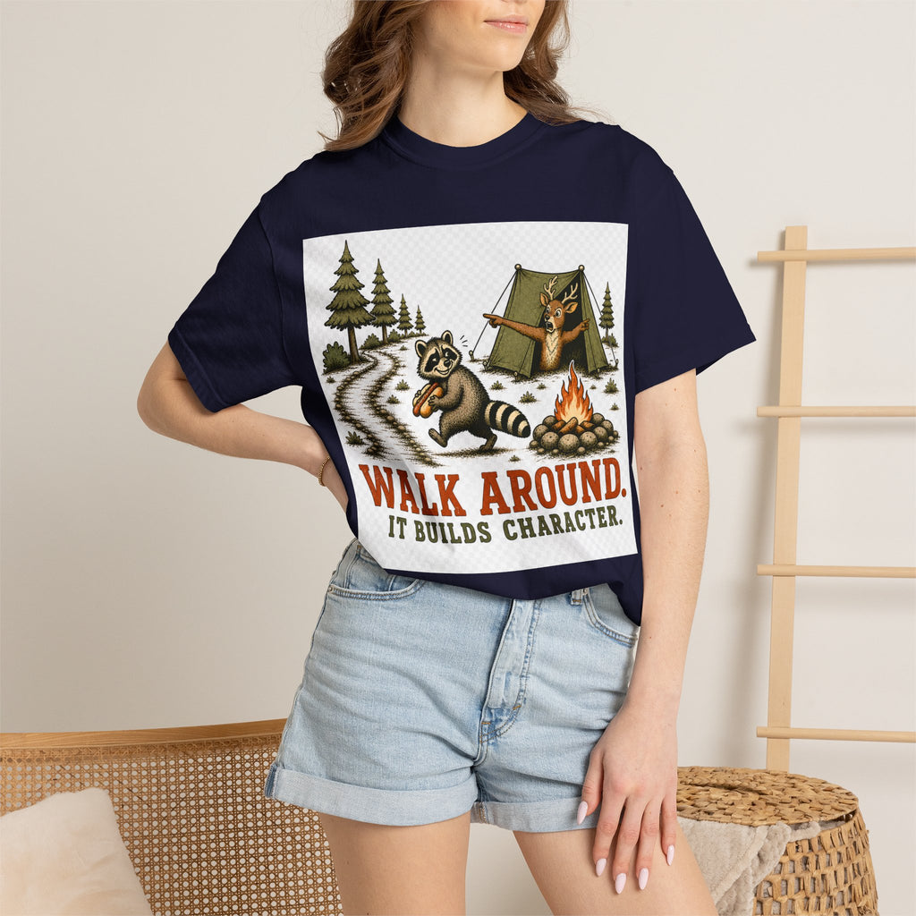 Camping T-Shirt — "Walk Around. It Builds Character." Retro Raccoon Campfire Design