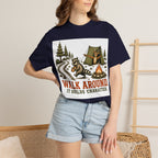 Camping T-Shirt — "Walk Around. It Builds Character." Retro Raccoon Campfire Design