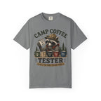 Camp Coffee Tester T-Shirt — Funny Raccoon Camper Coffee Lover Tee