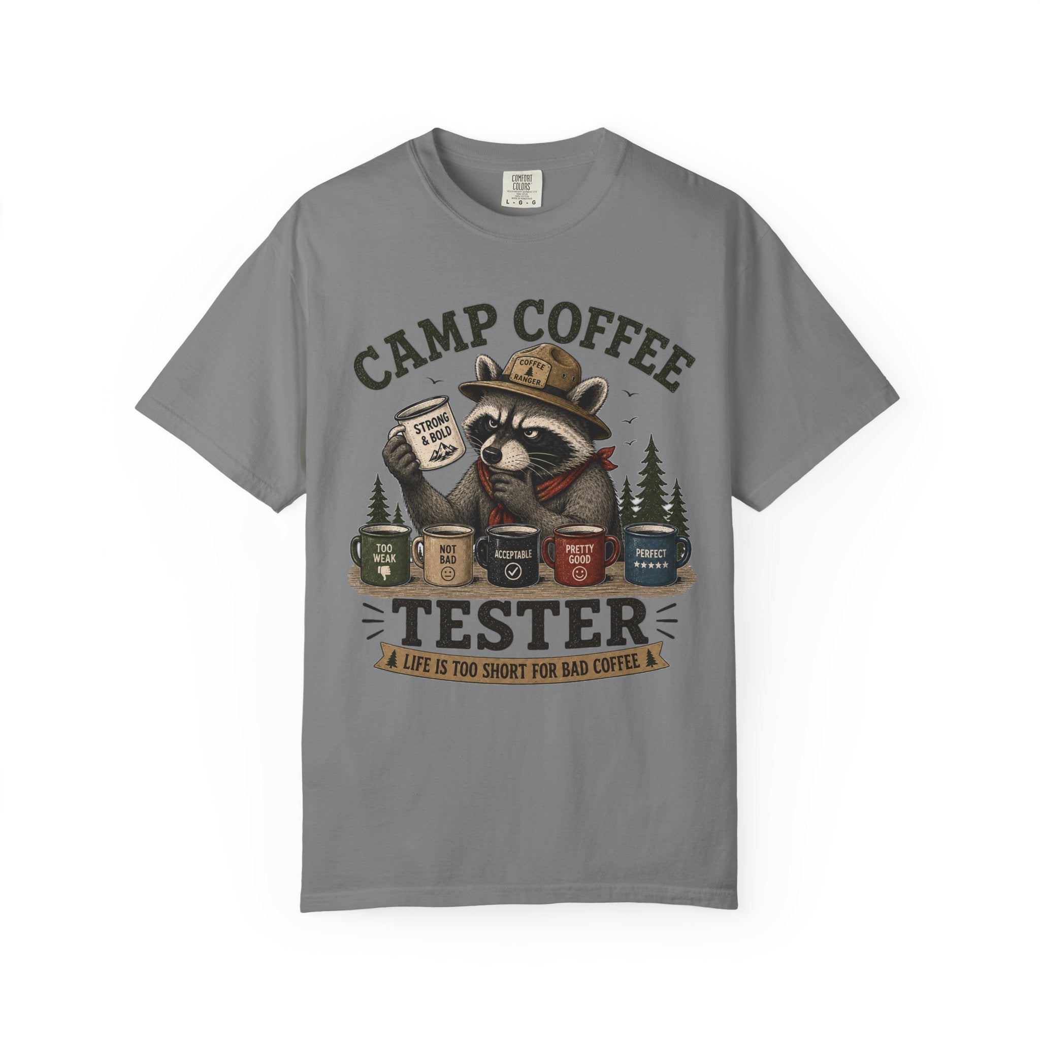 Camp Coffee Tester T-Shirt — Funny Raccoon Camper Coffee Lover Tee